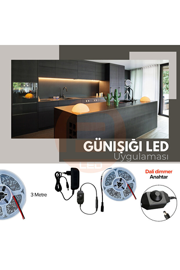 Şerit Led 3 Metre Günışığı Tak Çalıştır Hazır Set Çevirmeli Anahtar Adaptör Dahil - 1