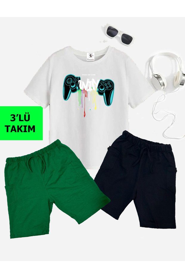 Game Console Printed 2 Shorts Summer Children's Set with 1 T-shirt