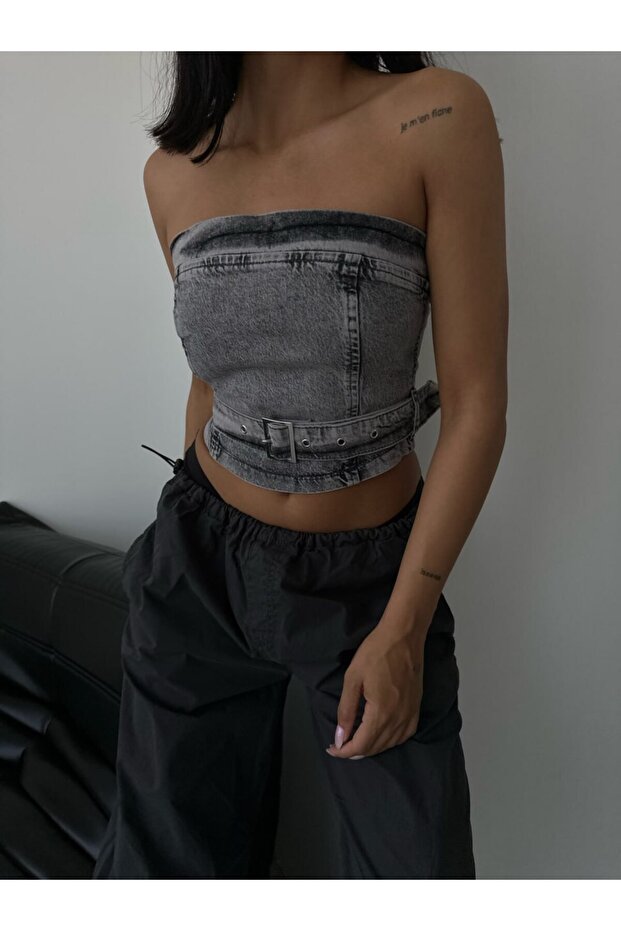 Strapless Waist Belted Denim Crop Jeans