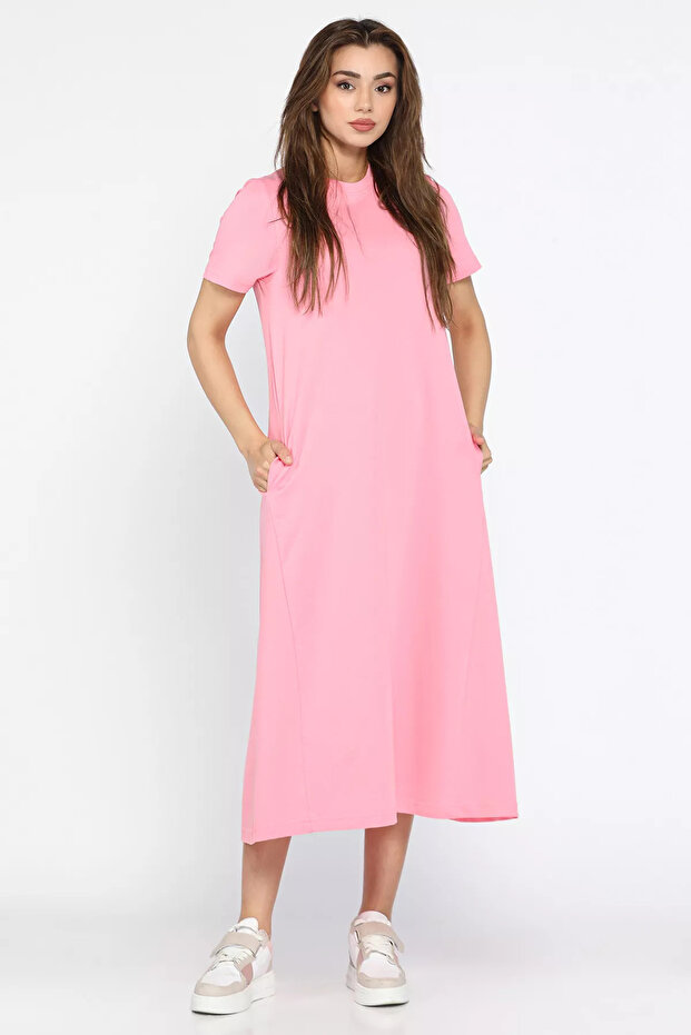 Crew Neck Pink Pocket Detailed Short Sleeve Dress