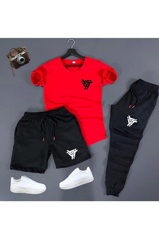 Eşofman Takımı Üçgen Baskılı Ünisex Yazlık Şort - T-shirt - Eşofman Altı 3 lü Set Combin Takım - 1