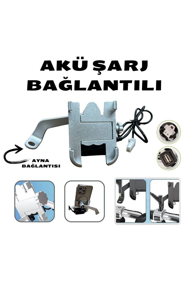 360 Ayarlanabilir Ayna ve Akü Şarj Bağlantılı Metal Motorsiklet Tutacağı ve Bisiklet Telefon Tutucu - 1