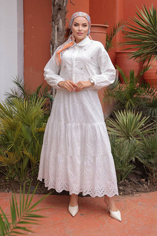 Ni̇zzell Summer Stone Detailed Long Skirted Fisto Hijab Suit White