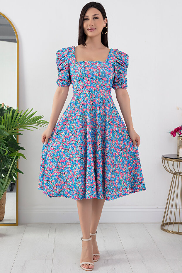 Çiçekli Kol Pileli Elbise 924-2965 - 3