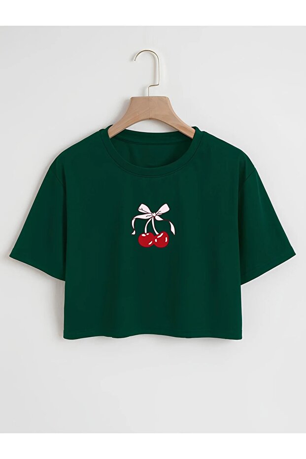 Women's Oversized Crew Neck Cherry Printed Cropped t-shirt