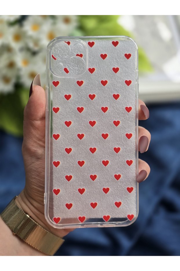 Iphone 15 PLUS Compatible Red Heart Design Transparent Phone Case