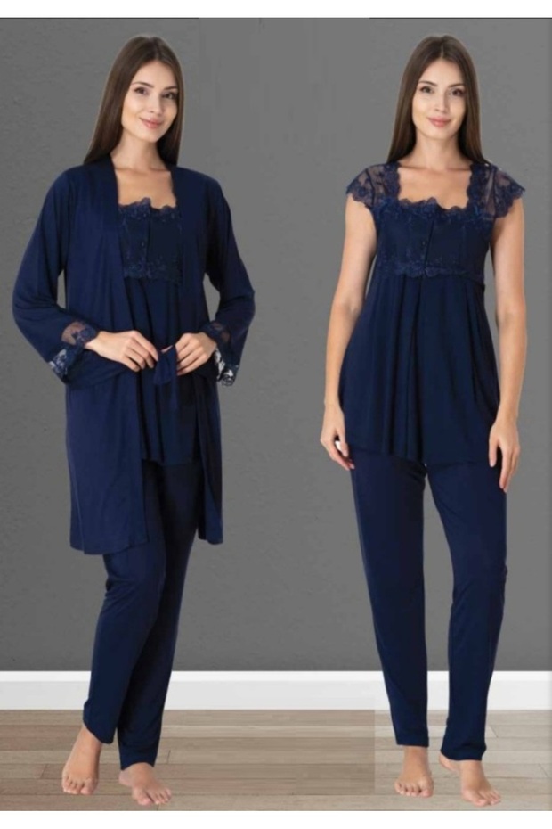 Navy Blue Cotton Maternity and Postpartum Pajama Set, 3-Piece Effortt Set