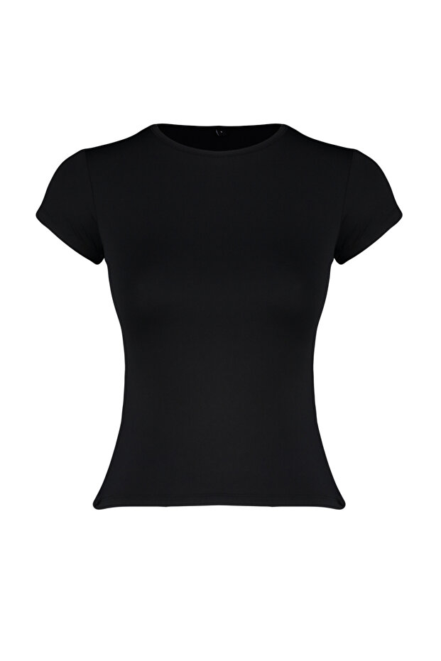 Siyah Poliamid Kısa Kol Bisiklet Yaka Fitted/Vücuda Oturan Örme T-Shirt TWOSS24TS00238 - 7