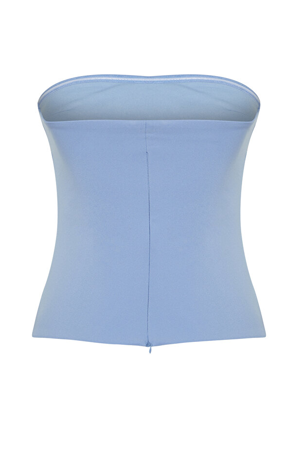 Açık Mavi Straplez Fitted Drapeli Dokuma Bluz TWOSS24BZ00348 - 8
