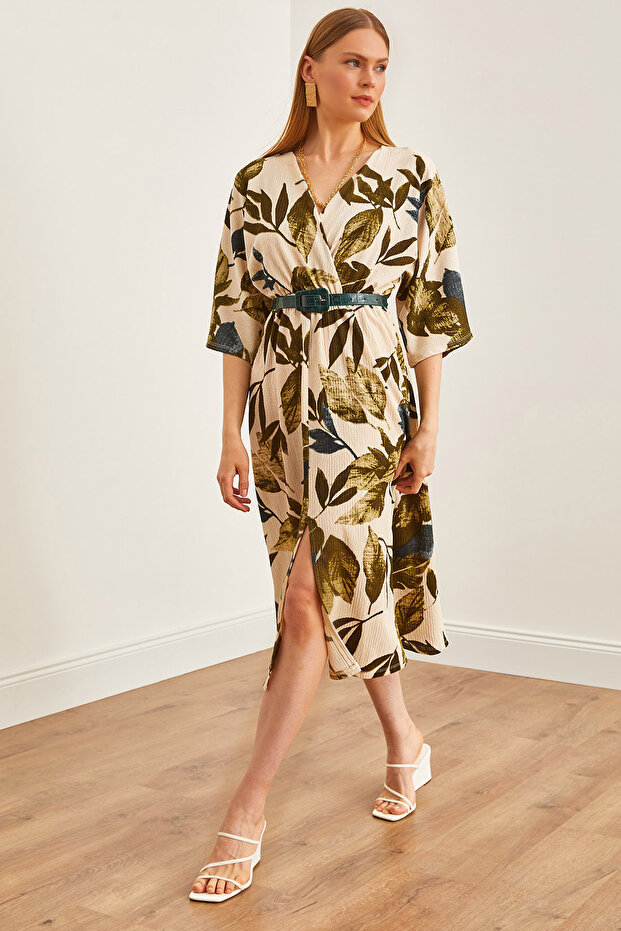 Women's Leaf Green Elastic Waist Bat Slit Dress ELB-19002171