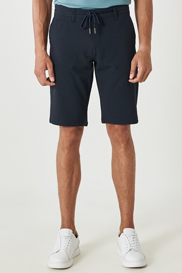Men's Navy Blue Slim Fit Narrow Cut Flexible Shorts with Tie Waist