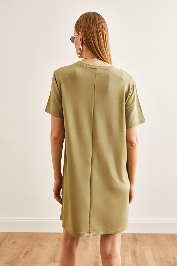 Kadın Haki Önü Dikişli Yumuşak Dokulu Mini Elbise ELB-19002087 - 5