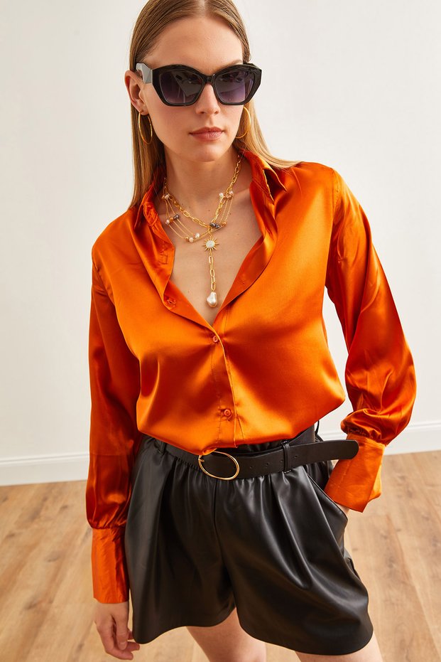 Woman's Orange Cuff Detailed Woven Satin Shirt GML-19000984