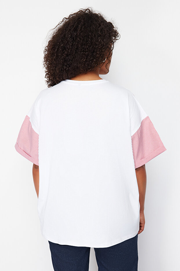 Túlméretes piros csíkos nyomott pamut póló - TBBSS24BF00017 - 6
