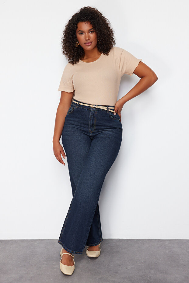 Koyu Mavi Yüksek Bel Comfort/Orta Esnek Straight Fit Denim Büyük Beden Jeans TBBSS24CJ00051 - 1