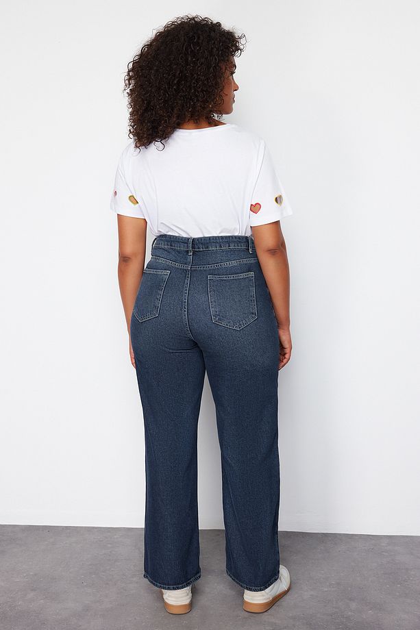 Koyu Mavi Yüksek Bel Soluk Efekt Vintage Yıkam Geniş Paça Büyük Beden Wide Leg Jeans TBBSS24CJ00050 - 6