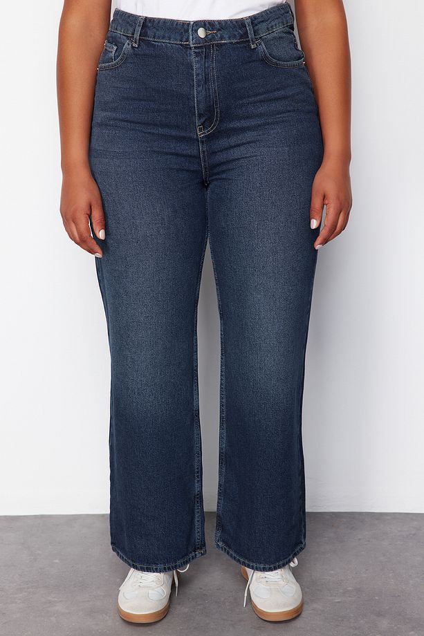 Koyu Mavi Yüksek Bel Soluk Efekt Vintage Yıkam Geniş Paça Büyük Beden Wide Leg Jeans TBBSS24CJ00050 - 4