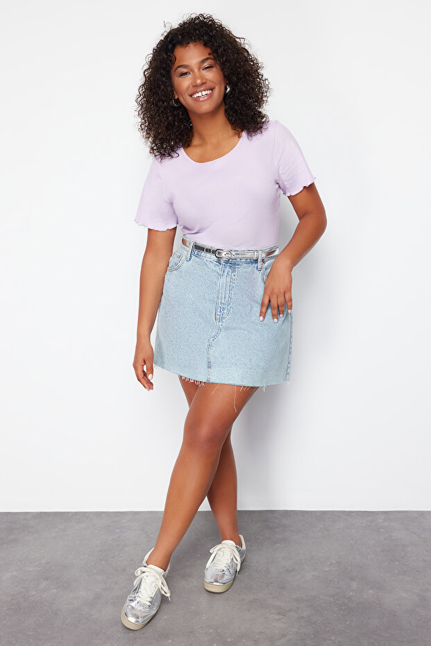 Lila Kaşkorse %100 Pamuk Fitilli Örme Büyük Beden Bluz TBBSS24AF00108 - 2