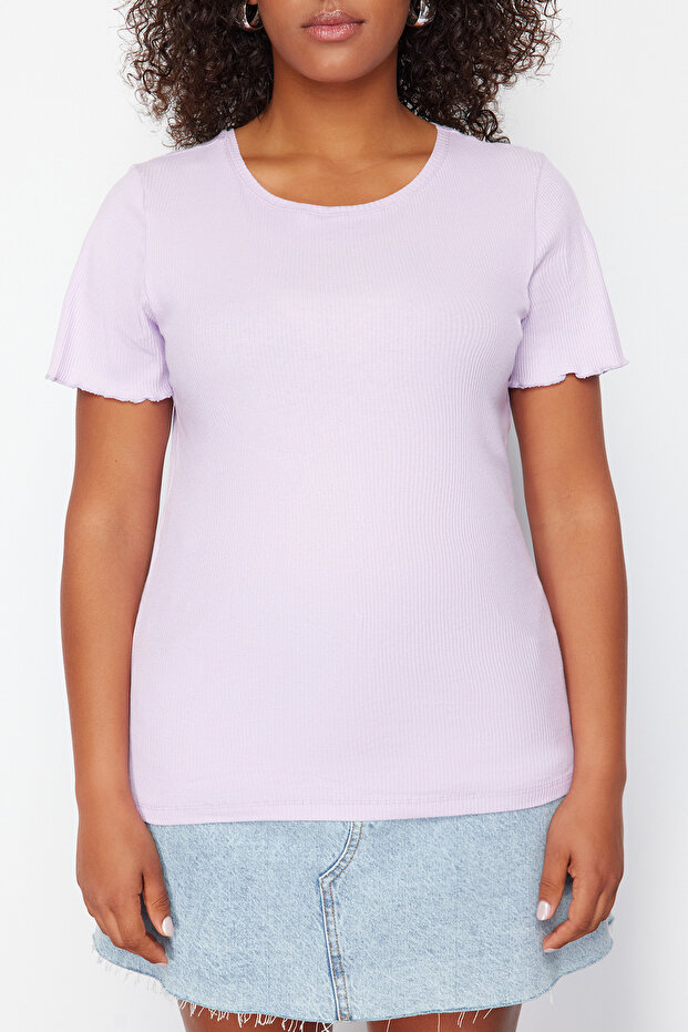 Lila Kaşkorse %100 Pamuk Fitilli Örme Büyük Beden Bluz TBBSS24AF00108 - 4