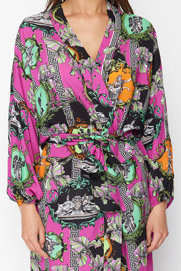 Soyut Desenli Kuşaklı Maxi Dokuma %100 Pamuklu Plaj Kimono&Kaftan TBESS23KM00057 - 7