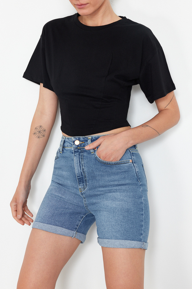 Siyah Crop Regular Örme T-Shirt TEDSS24TS00008 - 1