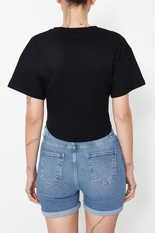 Siyah Crop Regular Örme T-Shirt TEDSS24TS00008 - 4