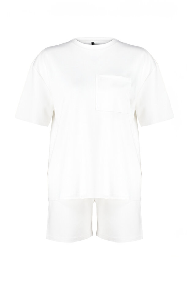 Ekru Cep Detaylı Oversize/Geniş Kalıp Esnek Örme T-shirt Şort Alt-Üst Takım TWOSS24AU00105 - 7