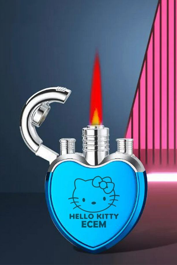 Kalp Şeklinde Kişiye Özel İsimli Hello Kitty Çakmak Metal Turbo Alev Çakmak - 1