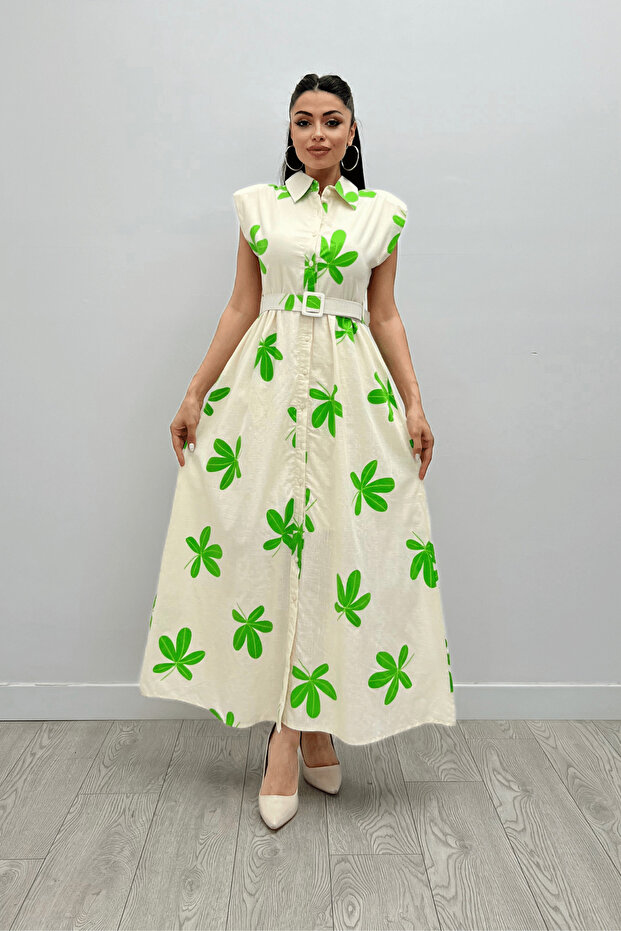 Linen Fabric Button Detailed Dress - Green