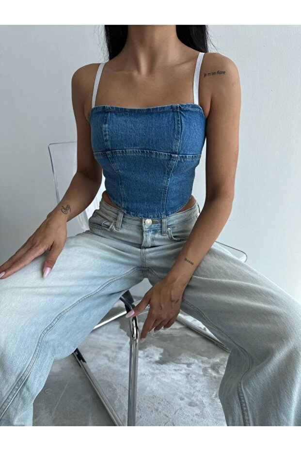 Denim Jeans Strap Crop Top Bustier
