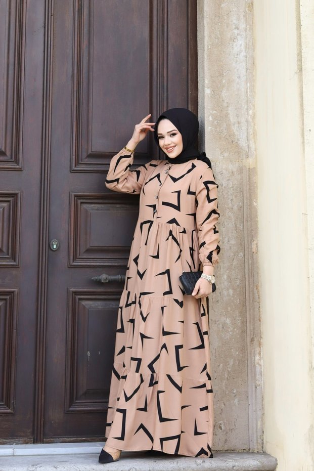 Women's Modest Transitional Belted Viscose Dress with Woven