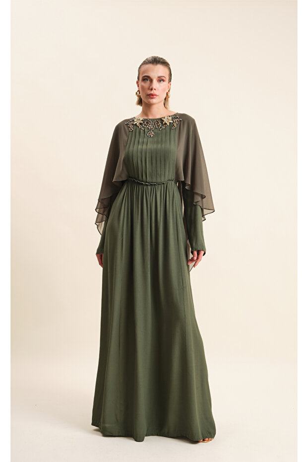 Viscose Evening Dress with Embroidered Neckline and Tulle Detail