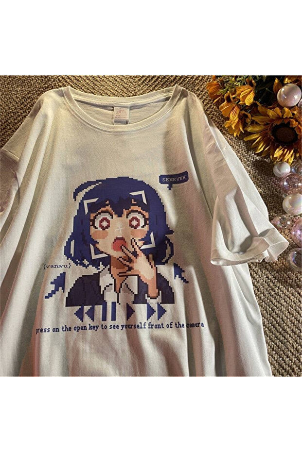 Venwu Seneven Detailed Oversize Unisex White T-shirt