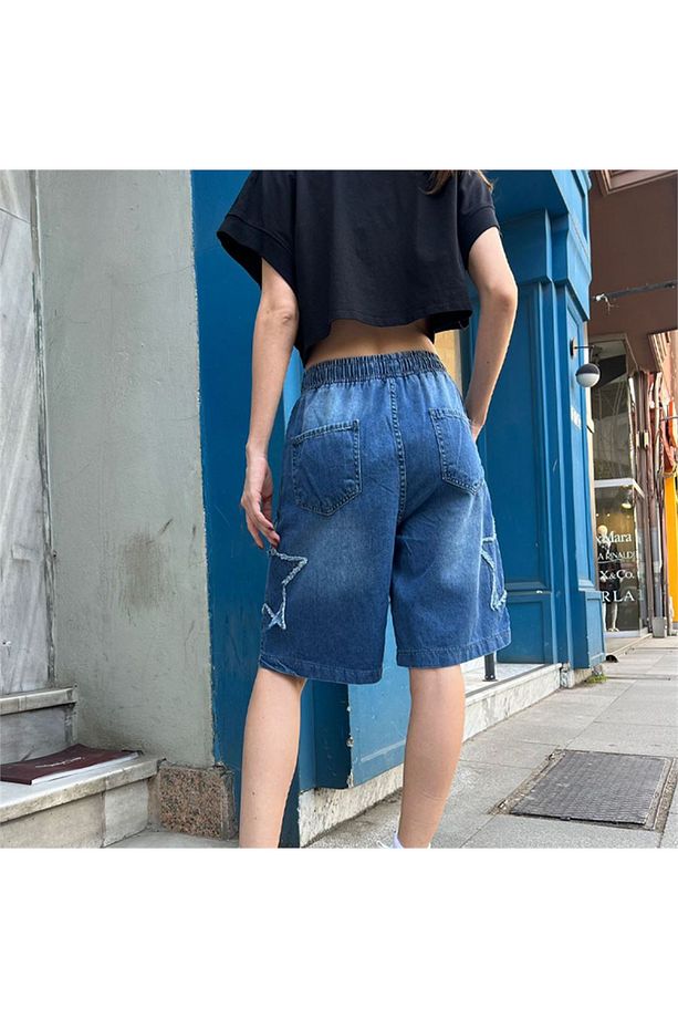 Pofidi Tech  Star Patch Detay Streetwear Yıkamalı Kot Kısa Şort - 2