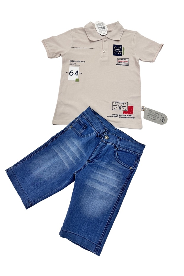 Boy/lacoste Fabric/polo Collar T-shirt/bermuda Regular Slim Suit with Denim Shorts