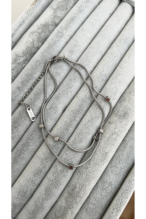 Steel Silver Cube Detailed Anklet