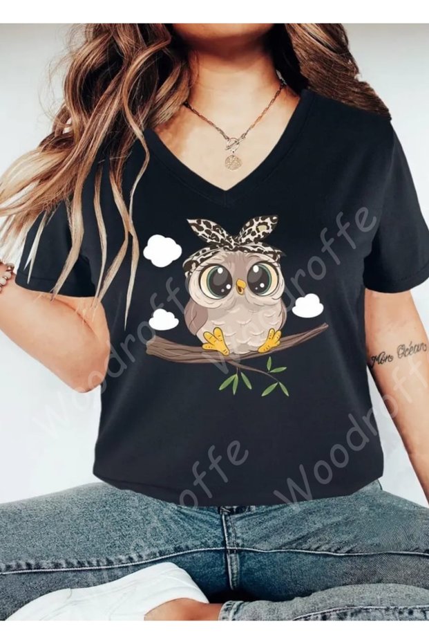 Women's V-Neck Black Animal-Friendly Printed T-Shirt Loose Comfortable Cut Boyfirend