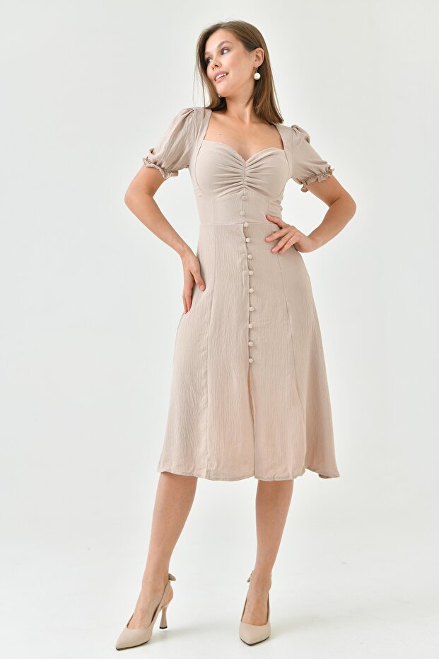 Women's Lined Aerobin Fabric Button Detailed Degaje Collar Short Sleeve Beige Midi Dress 121