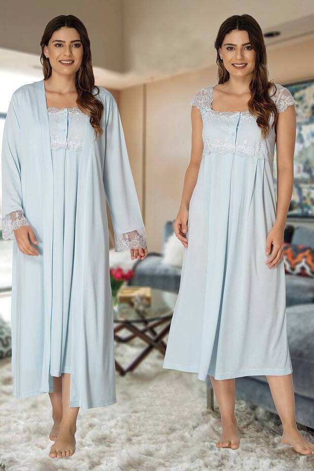 Blue Cotton Maternity and Postpartum Nightgown Set with Robe, 2-Piece Set