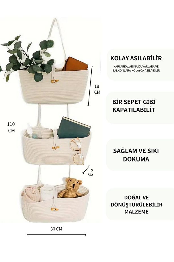 Üçlü Hasır Jüt Duvar ve Kapı Arkası Asma Sepeti Kitap ve Bebek Oyuncak Depolama ve Banyo Sepeti - 3
