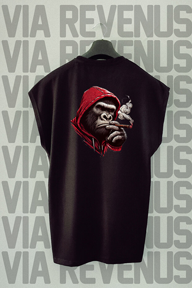 Gorilla Back Printed Oversize Wide Fit Zero Sleeve Black T-Shirt