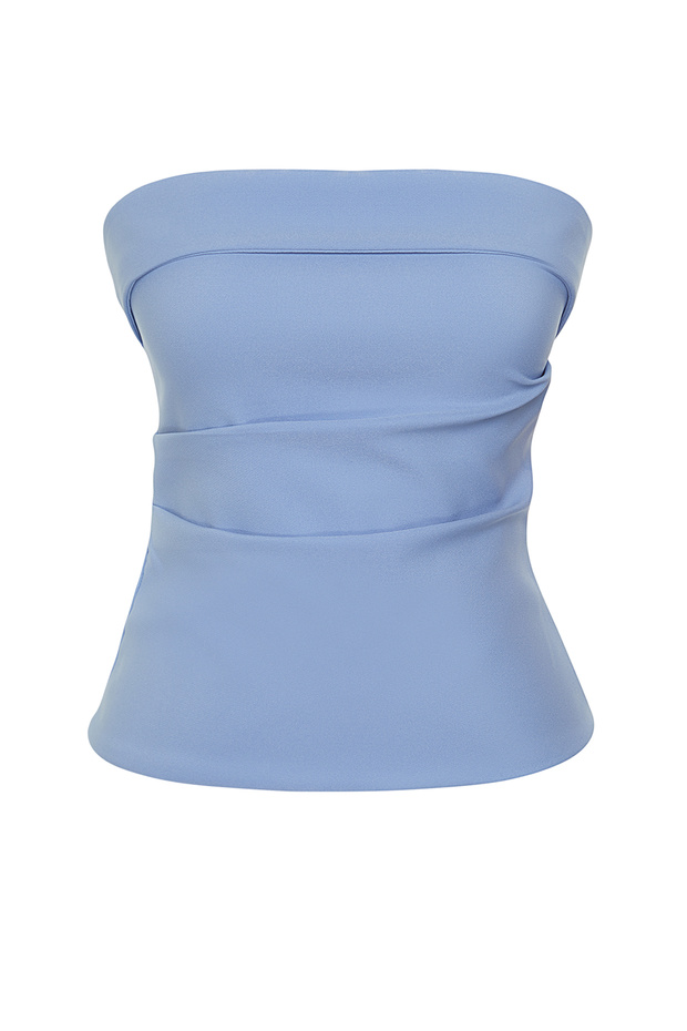 Açık Mavi Straplez Fitted Drapeli Dokuma Bluz TWOSS24BZ00348 - 7