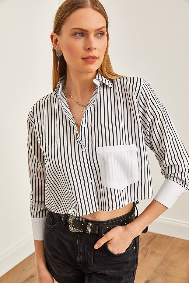 Women's Black Single Pocket Striped Crop Shirt GML-19001209