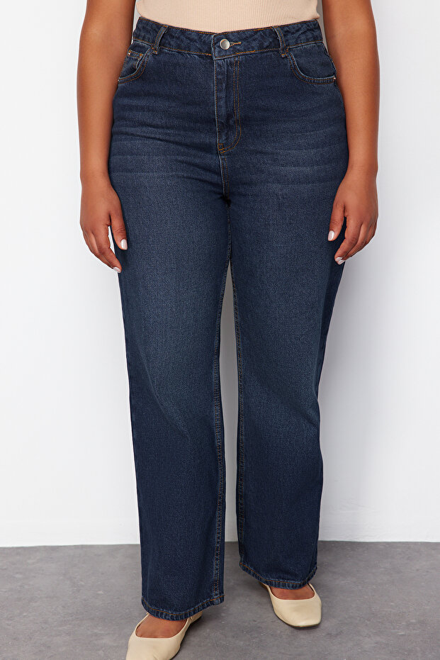 Koyu Mavi Yüksek Bel Comfort/Orta Esnek Straight Fit Denim Büyük Beden Jeans TBBSS24CJ00051 - 4