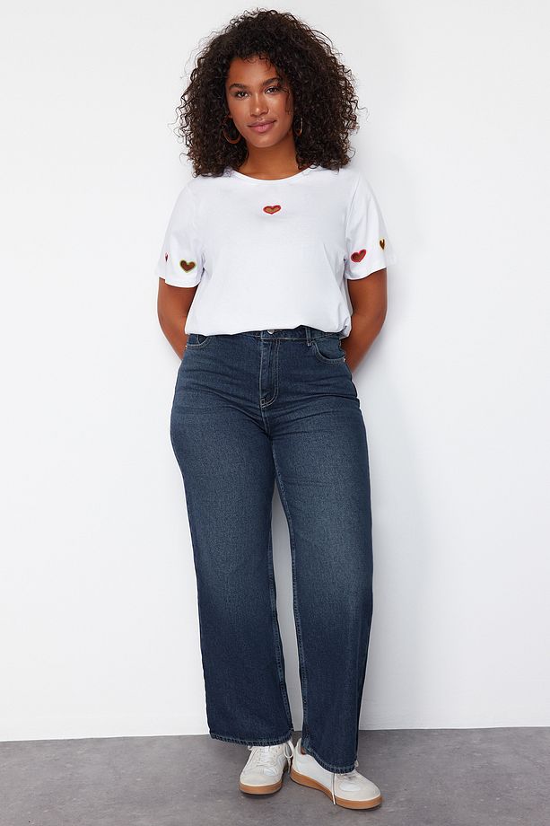 Koyu Mavi Yüksek Bel Soluk Efekt Vintage Yıkam Geniş Paça Büyük Beden Wide Leg Jeans TBBSS24CJ00050 - 1