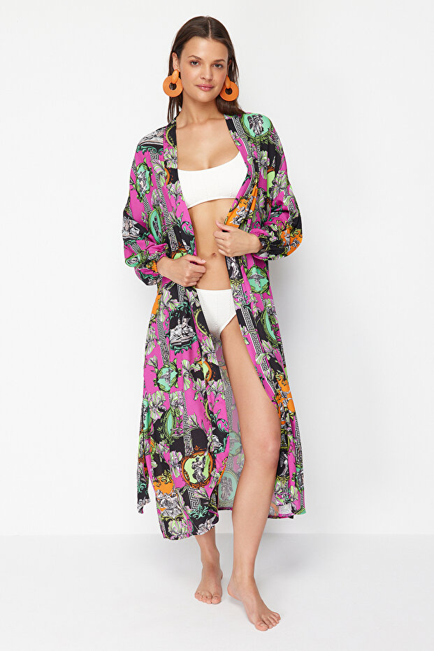 Soyut Desenli Kuşaklı Maxi Dokuma %100 Pamuklu Plaj Kimono&Kaftan TBESS23KM00057 - 3