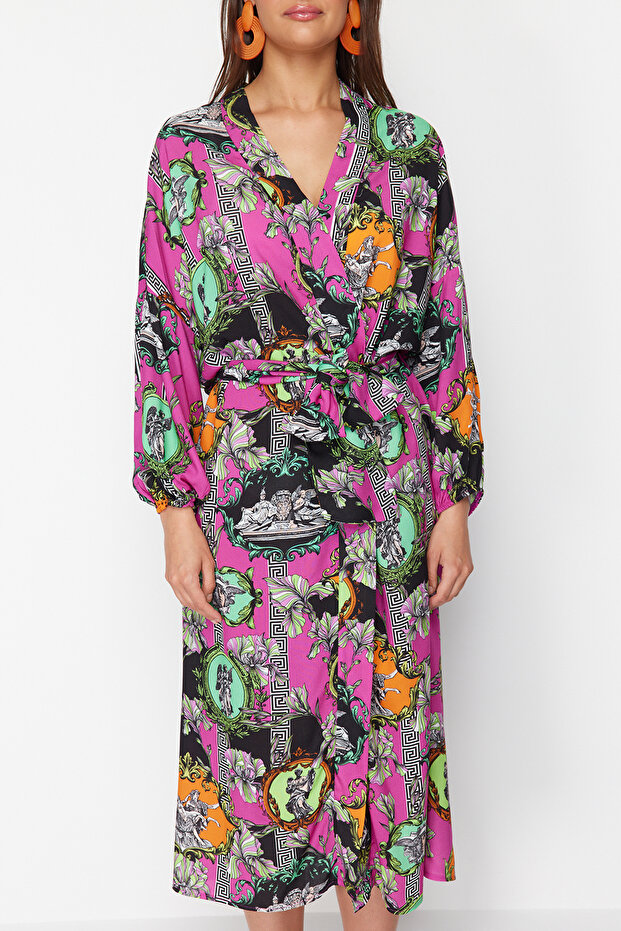 Soyut Desenli Kuşaklı Maxi Dokuma %100 Pamuklu Plaj Kimono&Kaftan TBESS23KM00057 - 5
