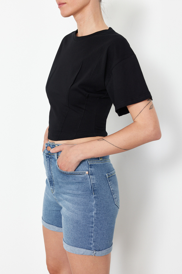 Siyah Crop Regular Örme T-Shirt TEDSS24TS00008 - 2