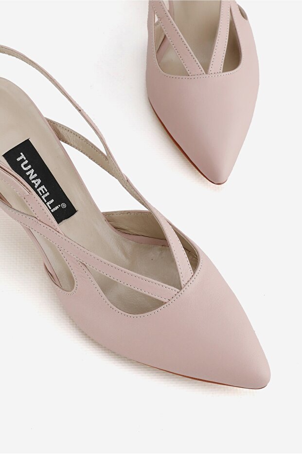 WOMEN'S POWDER PINK GENUINE LEATHER SIZE 34-35-41-42 HIGH-HEEL OPEN-BACK SHOE