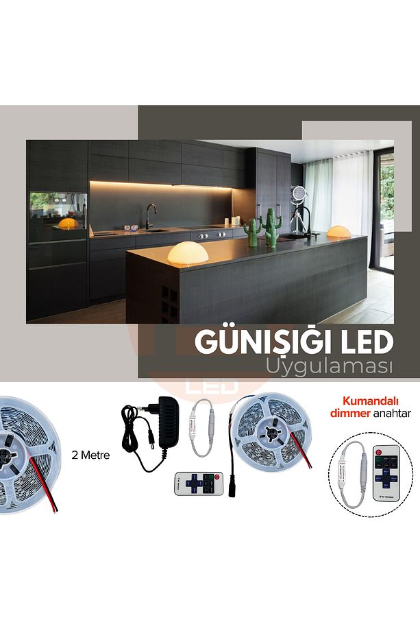 Şerit LED 2 Metre Günışığı Tak Çalıştır Hazır Set Kumandalı Dimmer & Adaptör Dahil Tezgah Aydınlatma - 1
